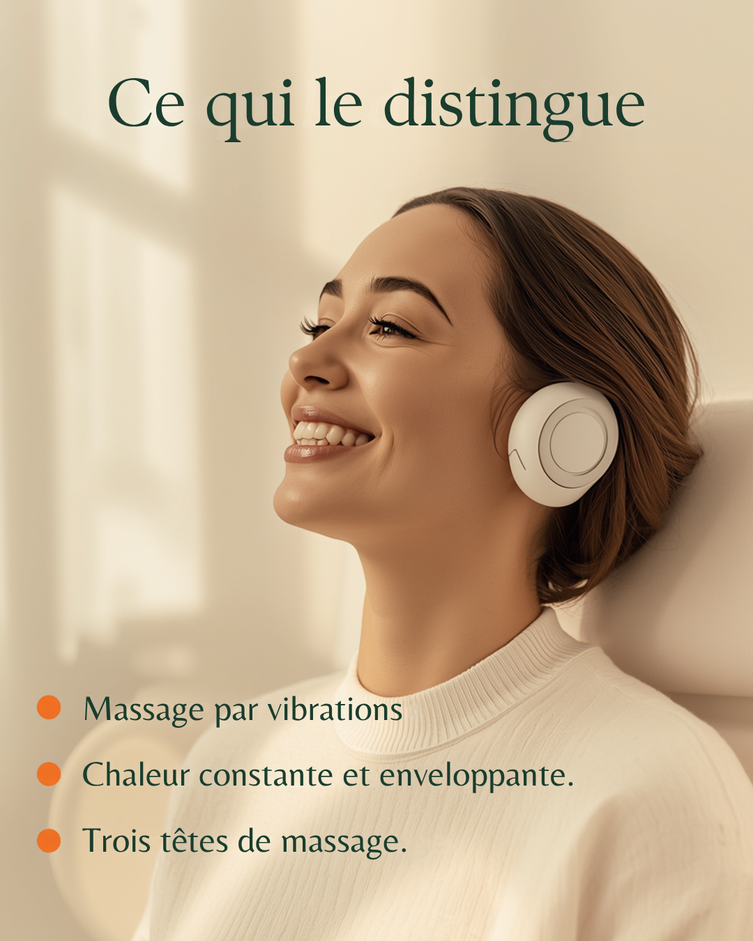 Ce qui distingue le Masseur Nuque Calmeora : massage par vibrations, chaleur constante, trois têtes de massage