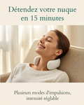 Femme détendue sur un canapé portant le Masseur Nuque Multifonction Calmeora, lumière naturelle